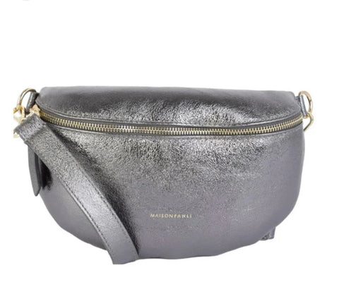 Metallic Crossbody Leather Bum Bag - Grey