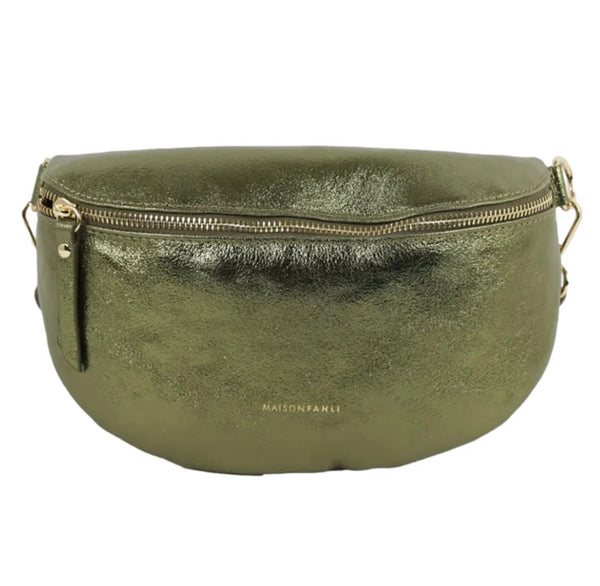 Metallic Leather Crossbody Bum Bag - Khaki
