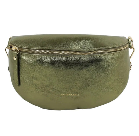 Metallic Leather Crossbody Bum Bag - Khaki